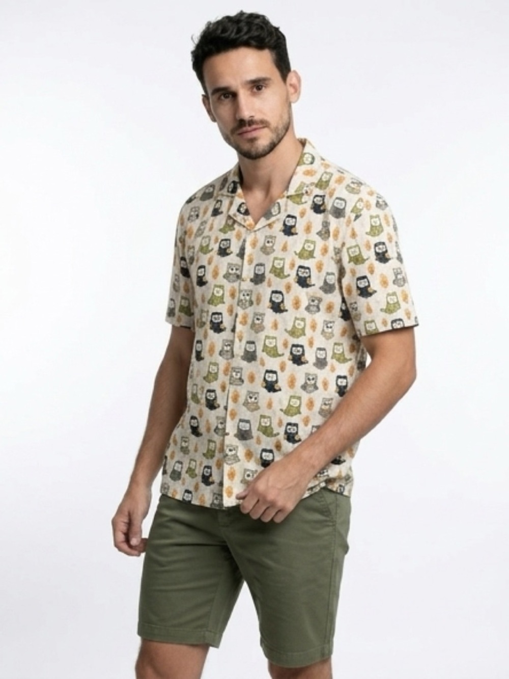 Men's Owl Print Casual Button Down Shirt - Multicolor